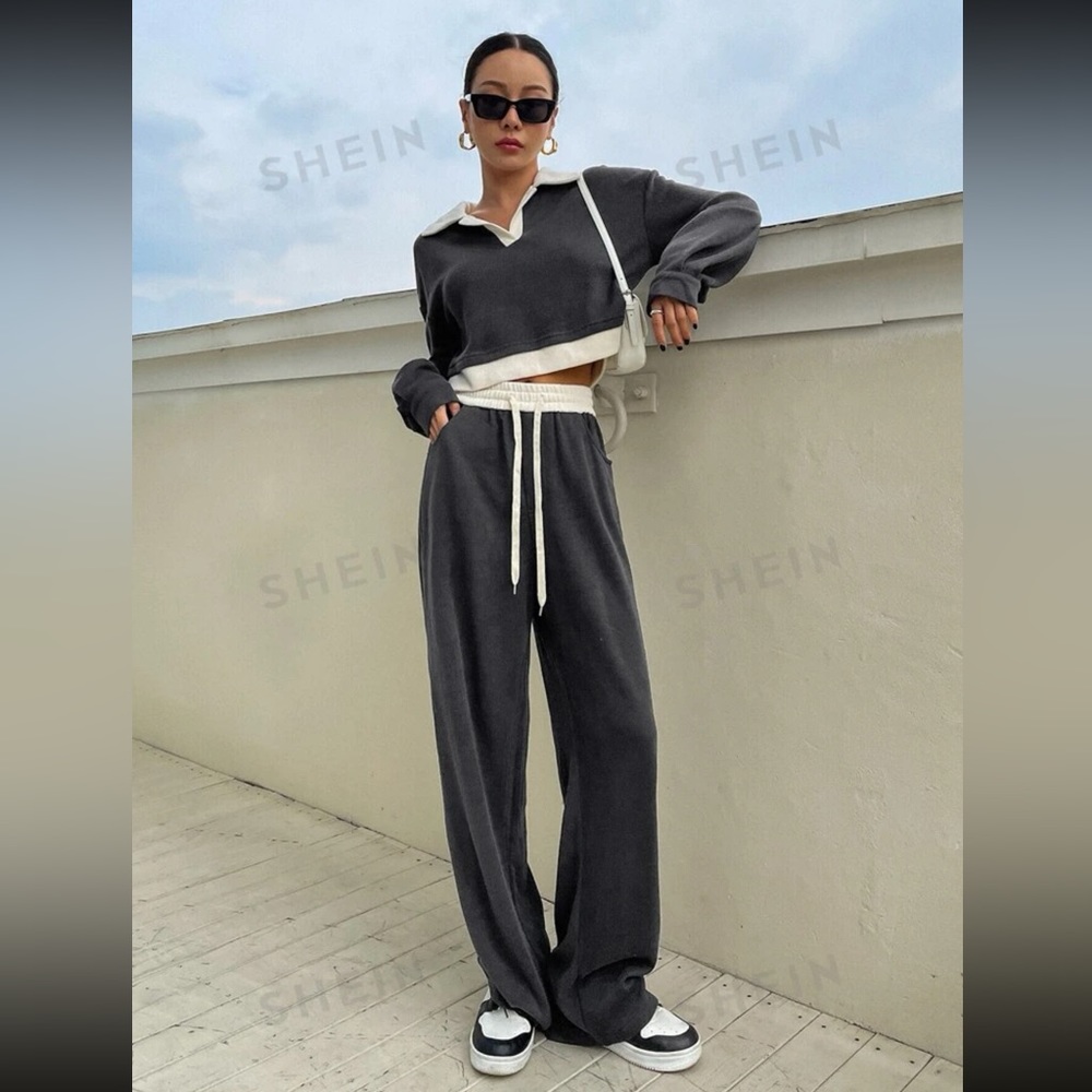 DAZY Contrast Collar Drop Shoulder Crop Sweatshirt & Sweatpants